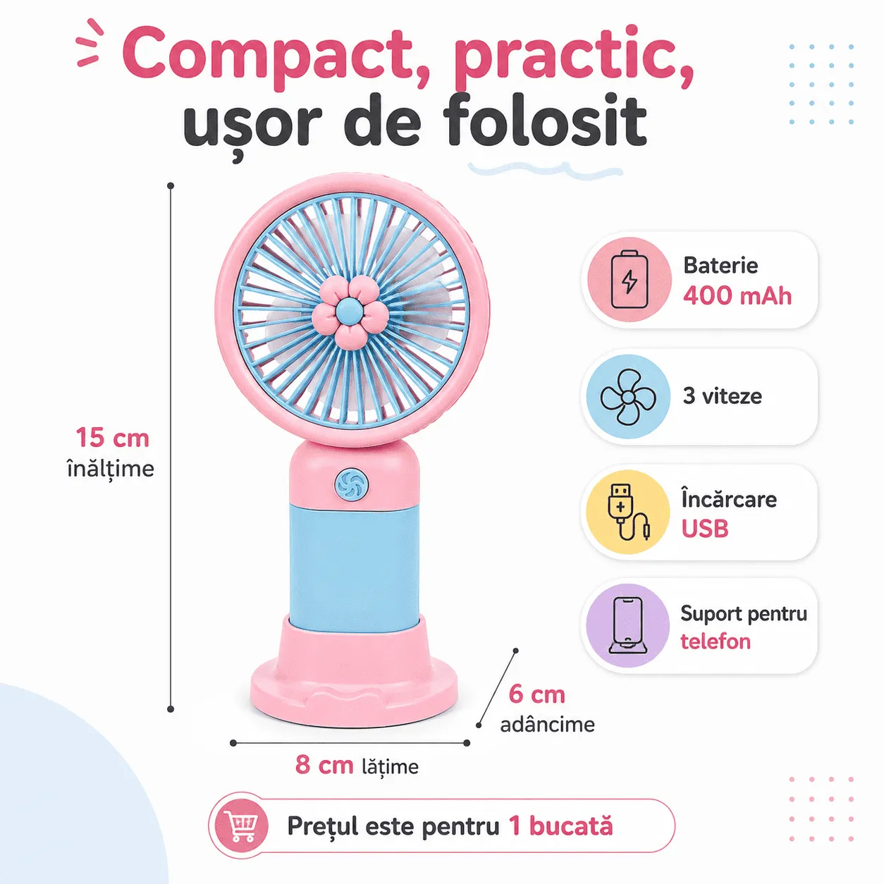 Mini Ventilator Portabil cu Suport, Reincarcabil USB, Silentios, 3 Viteze [8]