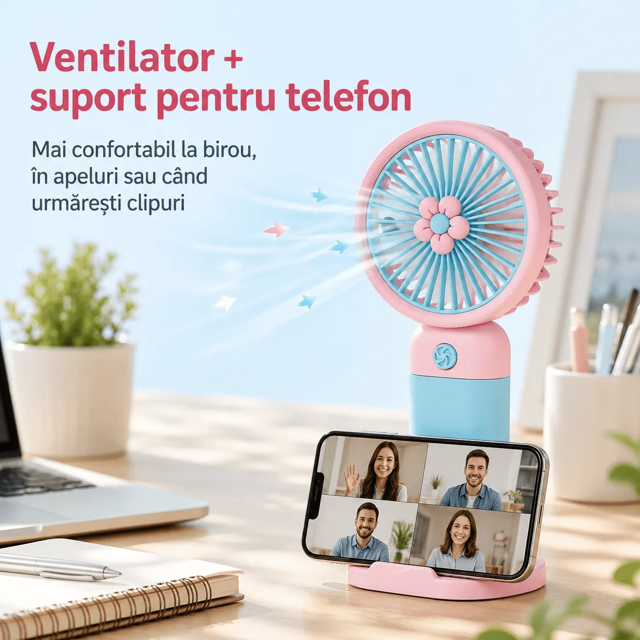 Mini Ventilator Portabil cu Suport, Reincarcabil USB, Silentios, 3 Viteze [4]