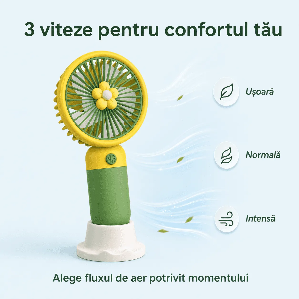 Mini Ventilator Portabil cu Suport, Reincarcabil USB, Silentios, 3 Viteze [3]