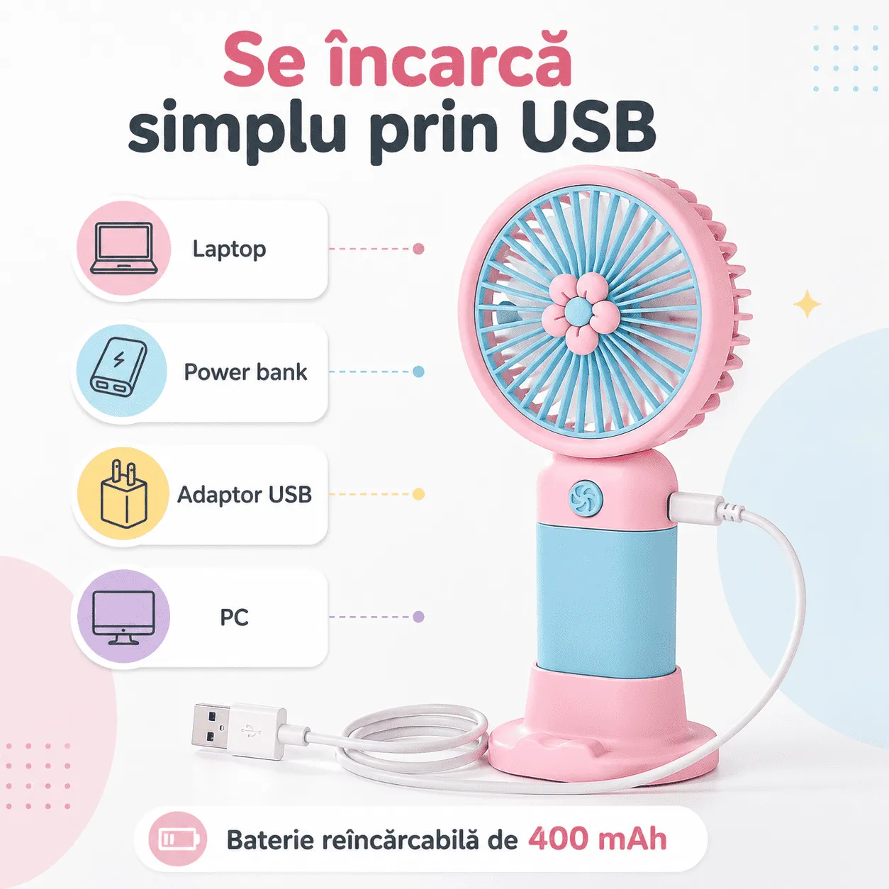 Mini Ventilator Portabil cu Suport, Reincarcabil USB, Silentios, 3 Viteze [5]
