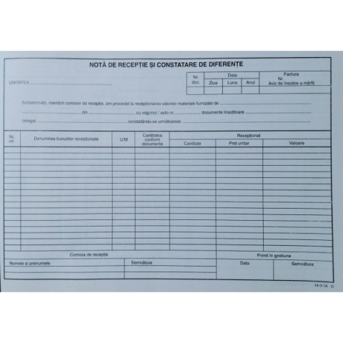 Birotică și Papetărie - Nota receptie constatare diferente fara tva