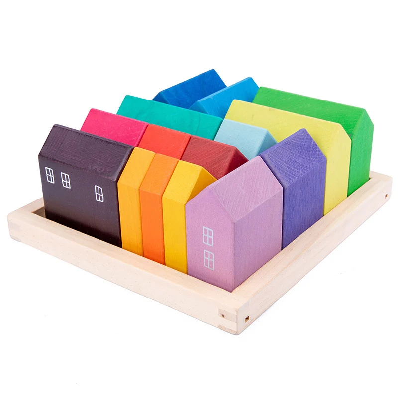 Jucării și Jocuri pentru copii - Jucarii din lemn Waldorf - set 15 casute curcubeu din lemn.