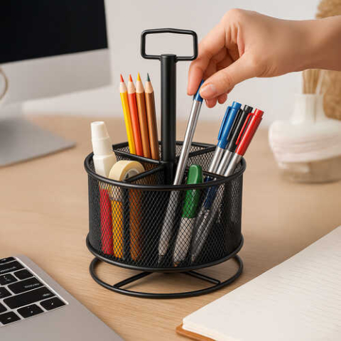 Organizator birou rotativ, suport metalic, 4 creioane, pentru creioane, pixuri [4]