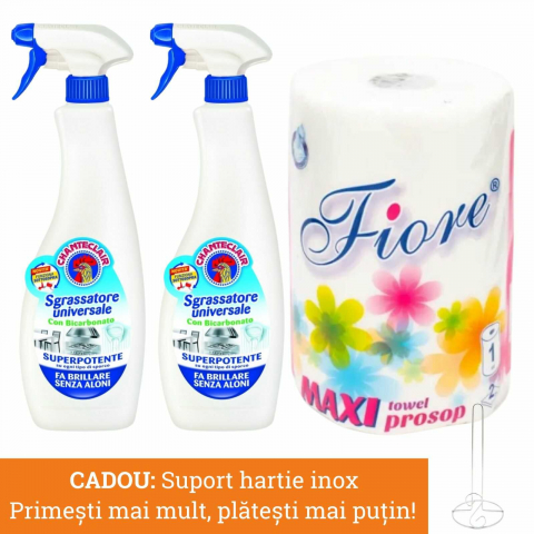 Prosoape de bucatarie si servetele - Pachet: 2 x Chanteclair Degresant Bicarbonat + Prosop de bucatarie Maxi, 2 straturi, 130 foi + CADOU: Suport rola hartie prosoape de bucatarie, inox, 27 cm