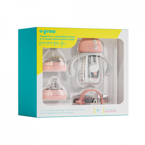Cani, pahare bebe - Pachet 3 in 1 cana 260 ml, roz, u-grow