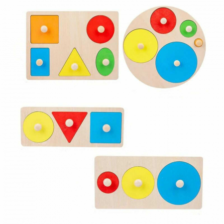 Pachet 4 Jocuri Puzzle Montessori, din lemn, incastre, cu maner
