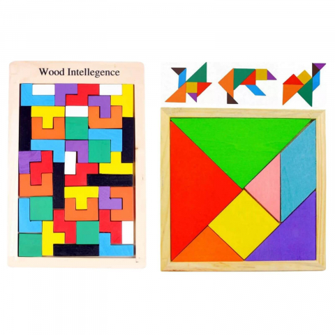 Jocuri de Memorie, Logică, Strategie și Inteligență - Pachet Tangram 7 Piese din Lemn si Joc Tetris 3D - Micostore