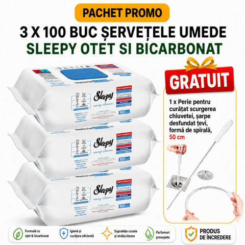 Solutii suprafete bucatarie - Servetele Umede Otet si Bicarbonat 3x100 buc + Perii Curatare Sticle