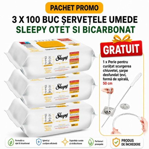 Solutii suprafete bucatarie - Servetele Umede Otet si Bicarbonat 3x100 buc + Perii Curatare Sticle