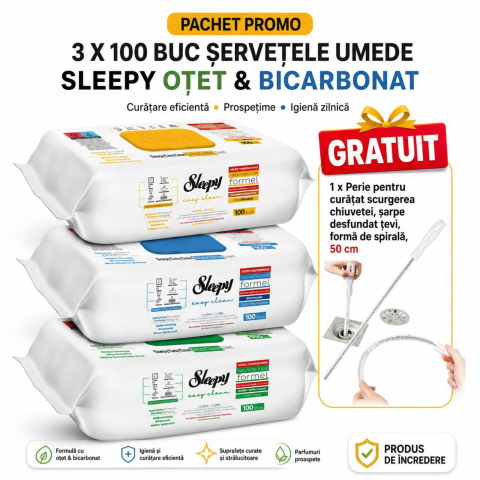 Solutii suprafete bucatarie - Servetele Umede Otet si Bicarbonat 3x100 buc + Perii Curatare Sticle