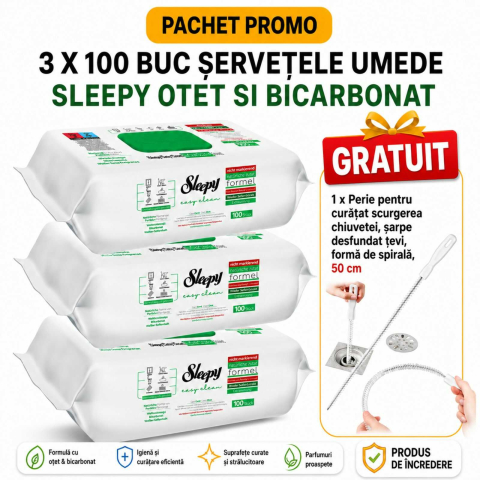 Solutii suprafete bucatarie - Servetele Umede Otet si Bicarbonat 3x100 buc + Perii Curatare Sticle