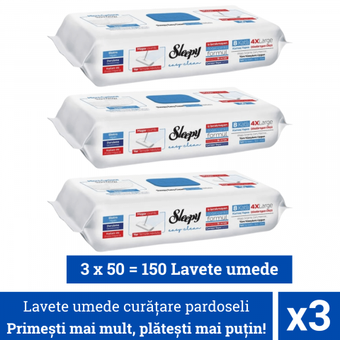 Solutii curatat podele si pardoseli - Lavete umede pardoseli Sleepy Albastru, 150 buc cu Otet si Bicarbonat