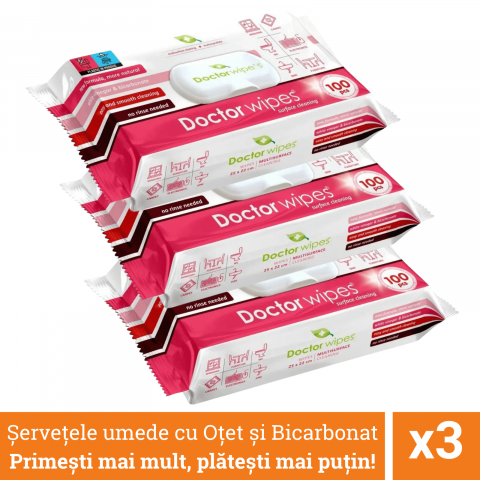 Curatenie, intretinere casa - Pachet promo: 3 x Servetele umede cu bicarbonat si otet, pentru suprafete multiple, Doctor Wipes, 25 x 22 cm, 300 de bucati