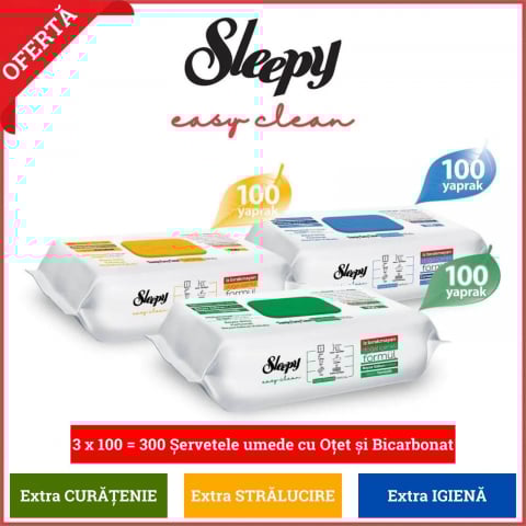 Solutii suprafete baie - Pachet promo 300 Servetele umede Sleepy cu Otet si Bicarbonat, Extra Cleaning, Multisuprafete