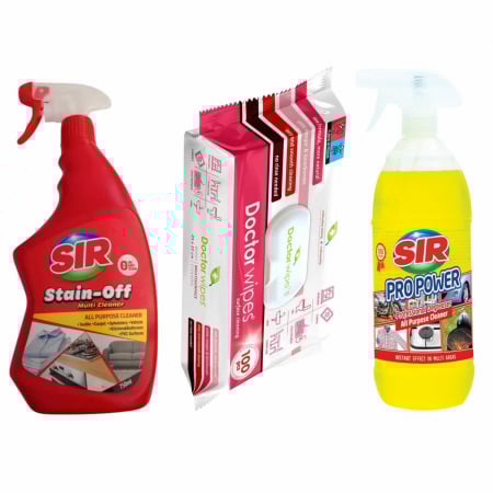 Solutie curatat mobila - Pachet PROMO CURATENIE 3 in 1: Solutie pentru indepartarea petelor, multi suprafete, Sir Stain-Off, 750 ml + Spray Degresant Universal SIR Propower Profesional All Purpose Cleaner, 1000 ml  + Servetel