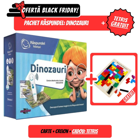 Cărți activități și jocuri copii - Pachet Promo Raspundel Istetel: Creion + Carte Dinozauri + GRATUIT Joc Tetris