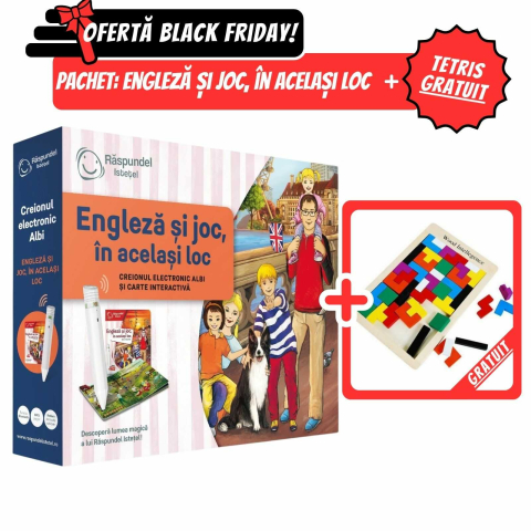 Cărți activități și jocuri copii - Pachet Raspundel Istetel 2.0: Creion + Carte Engleza + CADOU Joc Tetris din Lemn