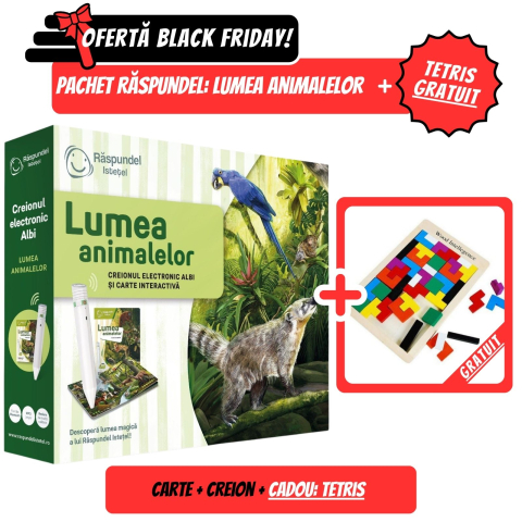 Cărți activități și jocuri copii - Pachet Promo Raspundel Istetel 2.0: Creion+Carte Lumea Animalelor + GRATUIT Joc Tetris