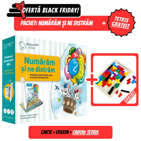 Cărți activități și jocuri copii - Pachet Promo Raspundel Istetel 2.0: Creion+Carte Numaram si ne distram + GRATUIT Joc Tetris