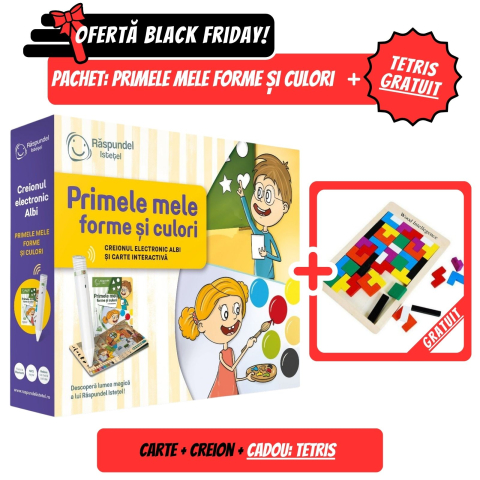 Cărți activități și jocuri copii - Pachet Promo Raspundel Istetel 2.0: Creion+Carte Primele mele forme si culori + GRATUIT Joc Tetris