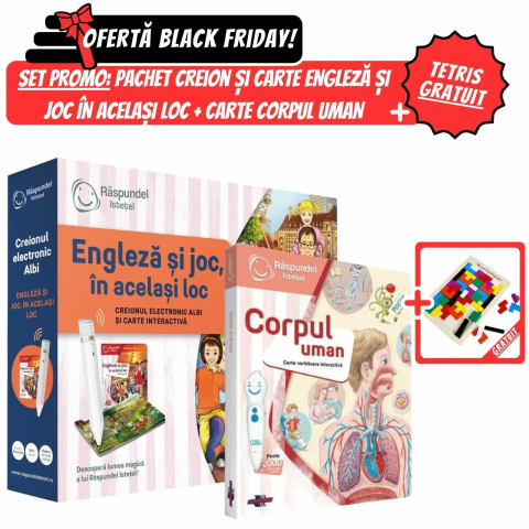 Cărți activități și jocuri copii - Pachet Raspundel Istetel: Creion + Carte Engleza si Joc + Carte Corpul Uman + CADOU Tetris lemn
