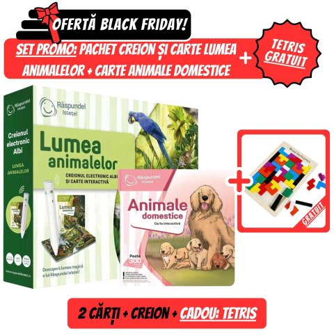 Cărți activități și jocuri copii - Pachet Raspundel Istetel: Creion + Carte Lumea Animalelor + Carte Animale Domestice + Tetris Cadou