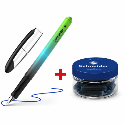 Stilouri pentru Copii si Scoala - Set Stilou Schneider Voyage Negru + Borcan 30 Rezerve Cerneala