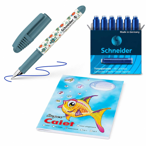 Caiete - Stilou Schneider + Rezerve + Caiet Pestisor Matematica A5
