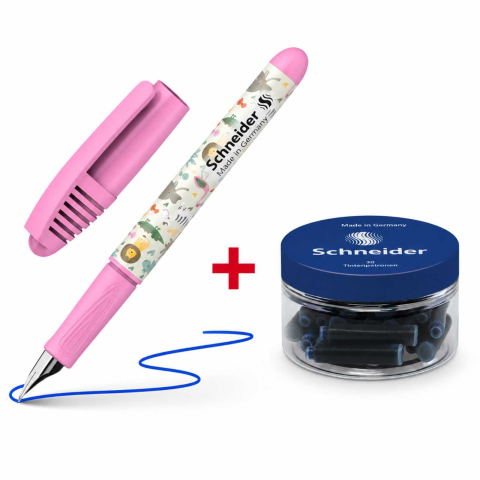 Stilouri pentru Copii si Scoala - Set Stilou Schneider Zippi Roz + Borcan 30 Rezerve Cerneala