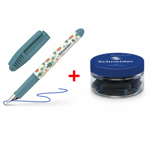 Stilouri pentru Copii si Scoala - Set Stilou Schneider Zippi Verde + Borcan 30 Rezerve Cerneala