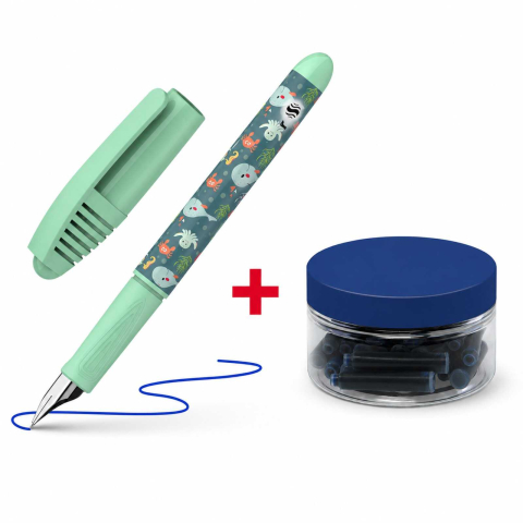 Rechizite Școlare - Set Stilou Schneider Zippi Vernil + Borcan 30 Rezerve Cerneala