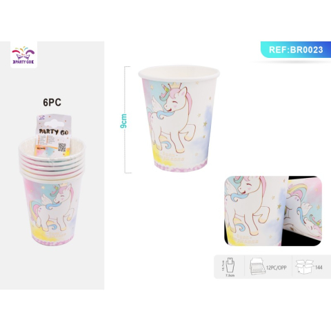 Vesela pentru petrecere - Pahar carton pentru petrecere PartyGo, 250 ml, carton, imprimeu unicorn, BR0023-T, set 6 buc