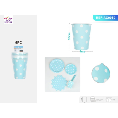 Vesela pentru petrecere - Pahar carton pentru petrecere PartyGo, 260 ml, carton, buline albe, bleu, AC0050, set 6 buc