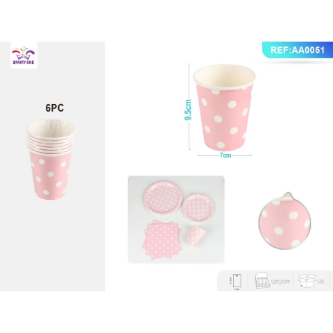 Vesela pentru petrecere - Pahar carton pentru petrecere PartyGo, 260 ml, carton, buline albe, roz, AA0051, set 6 buc