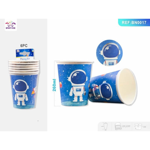 Vesela pentru petrecere - Pahar carton pentru petrecere PartyGo, 260 ml, carton, imprimeu astronaut, BN0017, set 6 buc