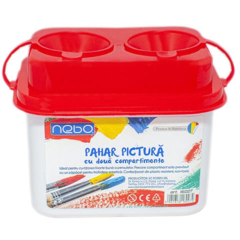 Acuarele, Tempera, Pensule si Blocuri de desen - Pahar pictura Nebo, cu capac, cu suport pensule, 2 compartimente, 16027