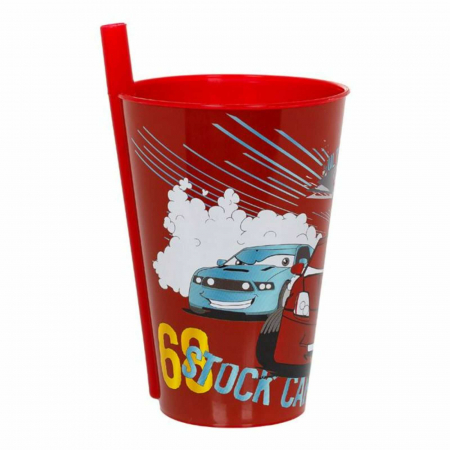 Rechizite Școlare - Cana, Pahar cu Pai Incorporat pentru Copii, 400 ml, Masini
