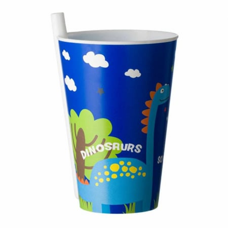 Sticlă de apă și Bidoane - Cana, Pahar cu Pai Incorporat pentru Copii, 400 ml, Dinozauri