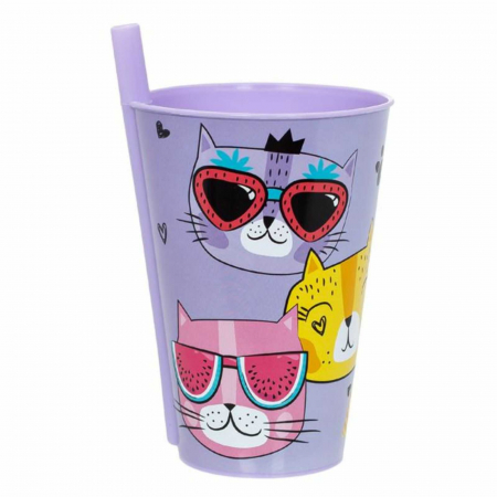 Rechizite Școlare - Cana, Pahar cu Pai Incorporat pentru Copii, 400 ml, Pisici Mov
