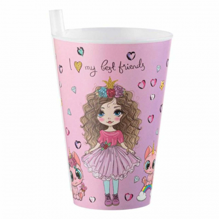 Rechizite Școlare - Cana, Pahar cu Pai Incorporat pentru Copii, 400 ml, Fete si Pisici