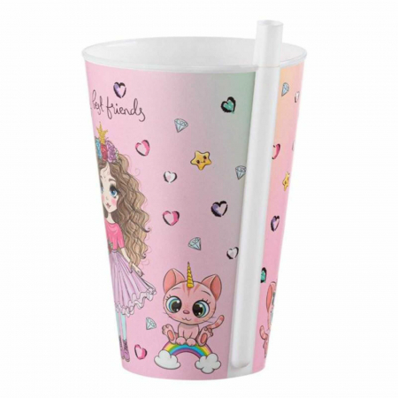 Cana, Pahar cu Pai Incorporat pentru Copii, 400 ml, Fete si Pisici [1]