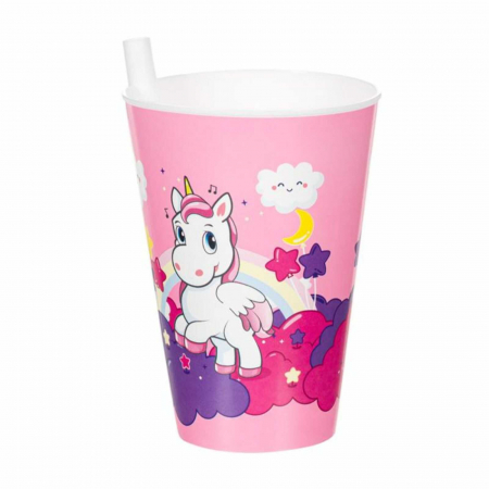 Sticlă de apă și Bidoane - Cana, Pahar cu Pai Incorporat pentru Copii, 400 ml, Unicorni