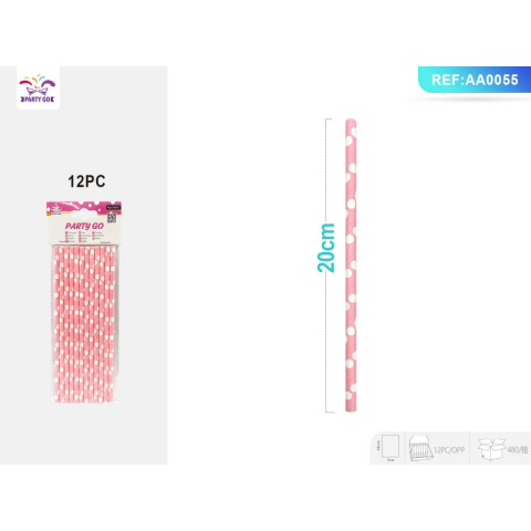Vesela pentru petrecere - Paie de baut PartyGo, 20cm, buline albe, roz, AA0055, set 12 buc