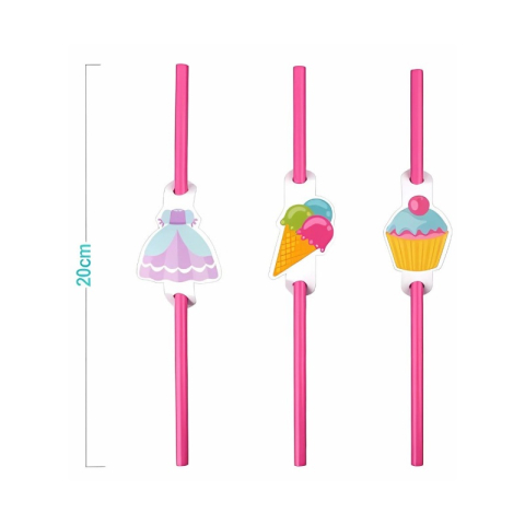 Vesela pentru petrecere - Paie de baut PartyGo, 20cm, imprimeu dulciuri, AA0084, set 6 buc