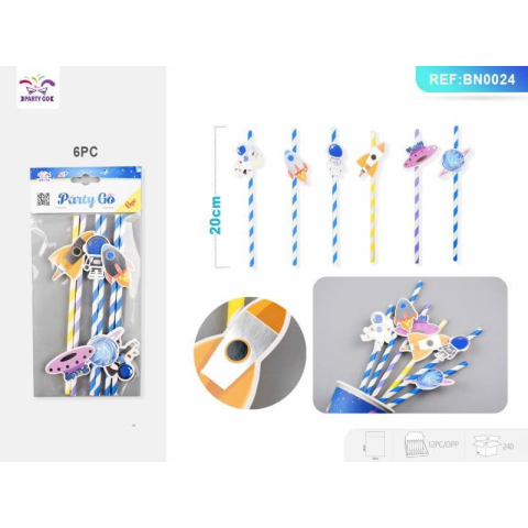 Vesela pentru petrecere - Paie de baut PartyGo, 20cm, imprimeu spatial, BN0024, set 6 buc