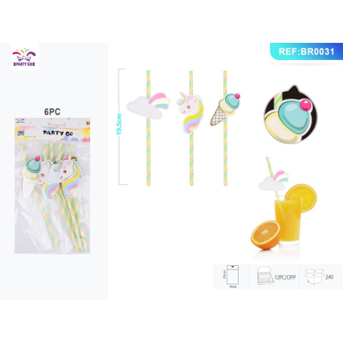 Vesela pentru petrecere - Paie de baut PartyGo, 20cm, imprimeu unicorn, BR0031, set 6 buc
