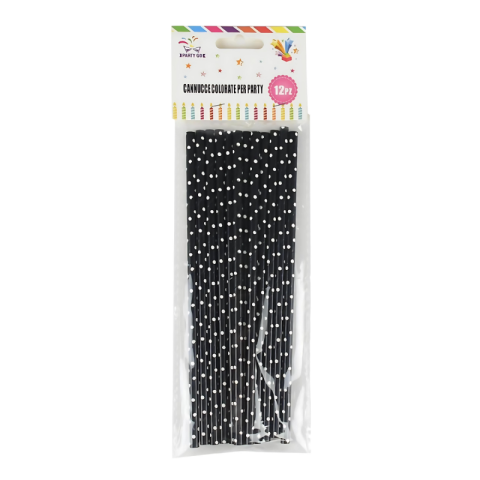 Vesela pentru petrecere - Paie negre cu bulie albe 20cm, PartyGo, BK0007, set 12 buc