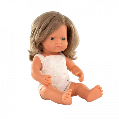 Jucării și Jocuri pentru copii - Papusa 38 cm, fetita europeana cu par blond inchis, imbracata in salopeta tricotata