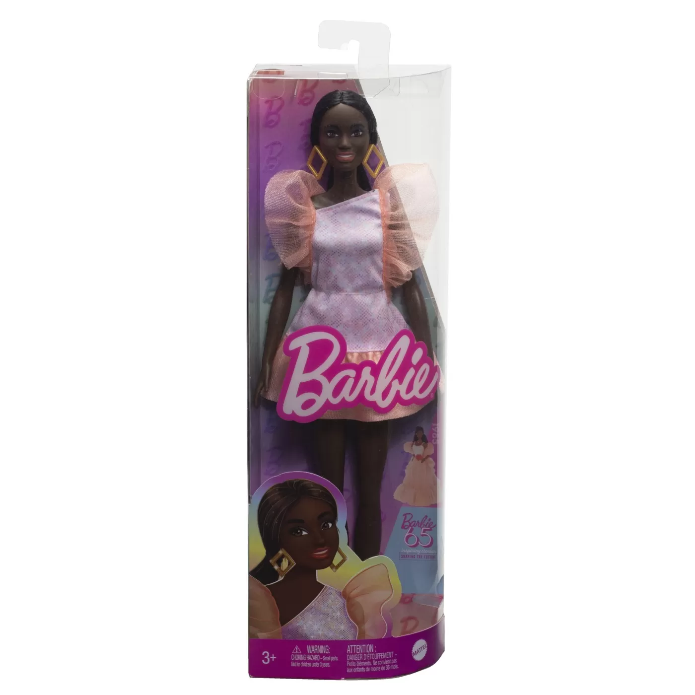 Jocuri de rol - Papusa barbie fashionista afro-americana cu rochie peach, varsta de la 3 ani la 12 ani
