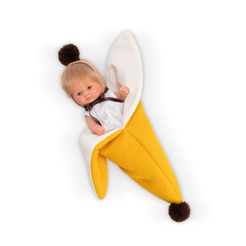 Jucării și Jocuri pentru copii - Papusa Bomboncin Cu Caciulita Si Paturica Banana 20cm
